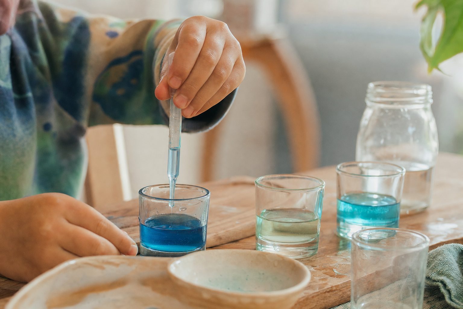 A child's hands using a dropper to drip coloured water between small glasses