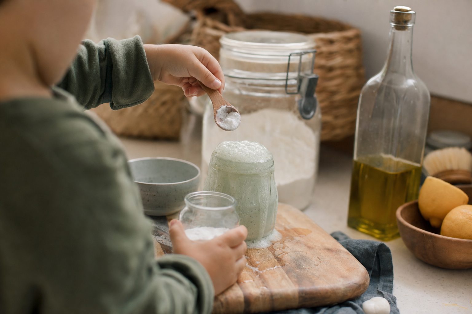 A child's hands spooning baking soda into a gently fizzing jar on the kitchen bench