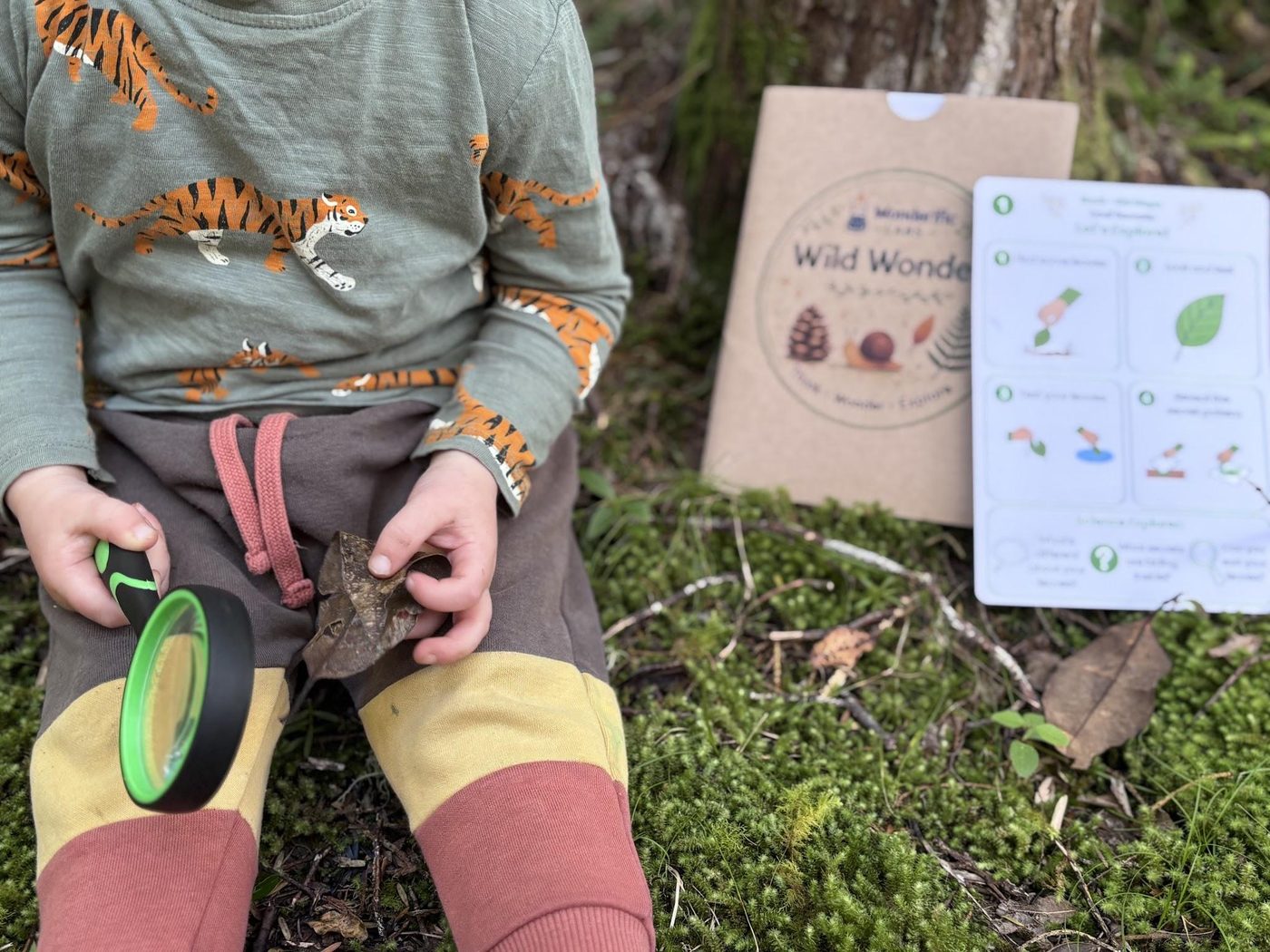 A child holding up a leaf they have found, with the Wild Wonders pack and an activity card beside them
